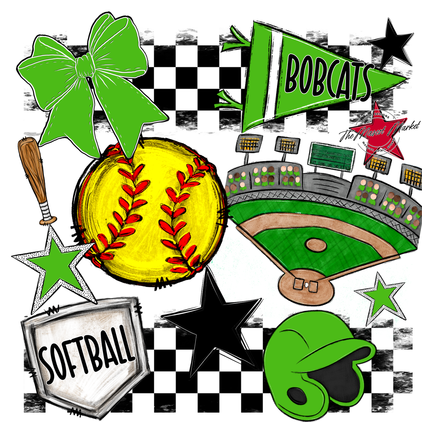 Bobcats Checkers Softball Spirit Design-Bright Green