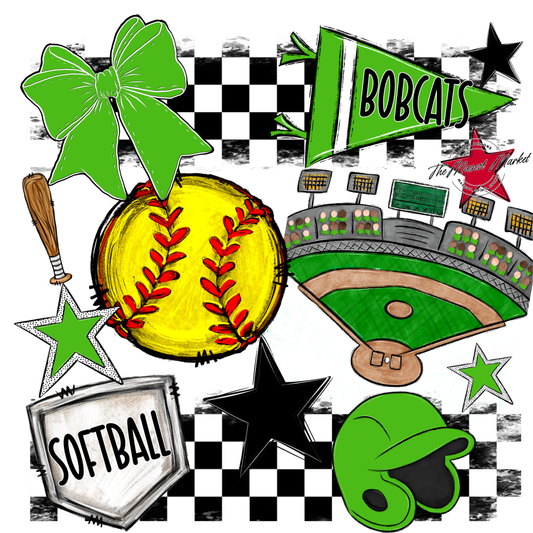 Bobcats Checkers Softball Spirit Design-Bright Green