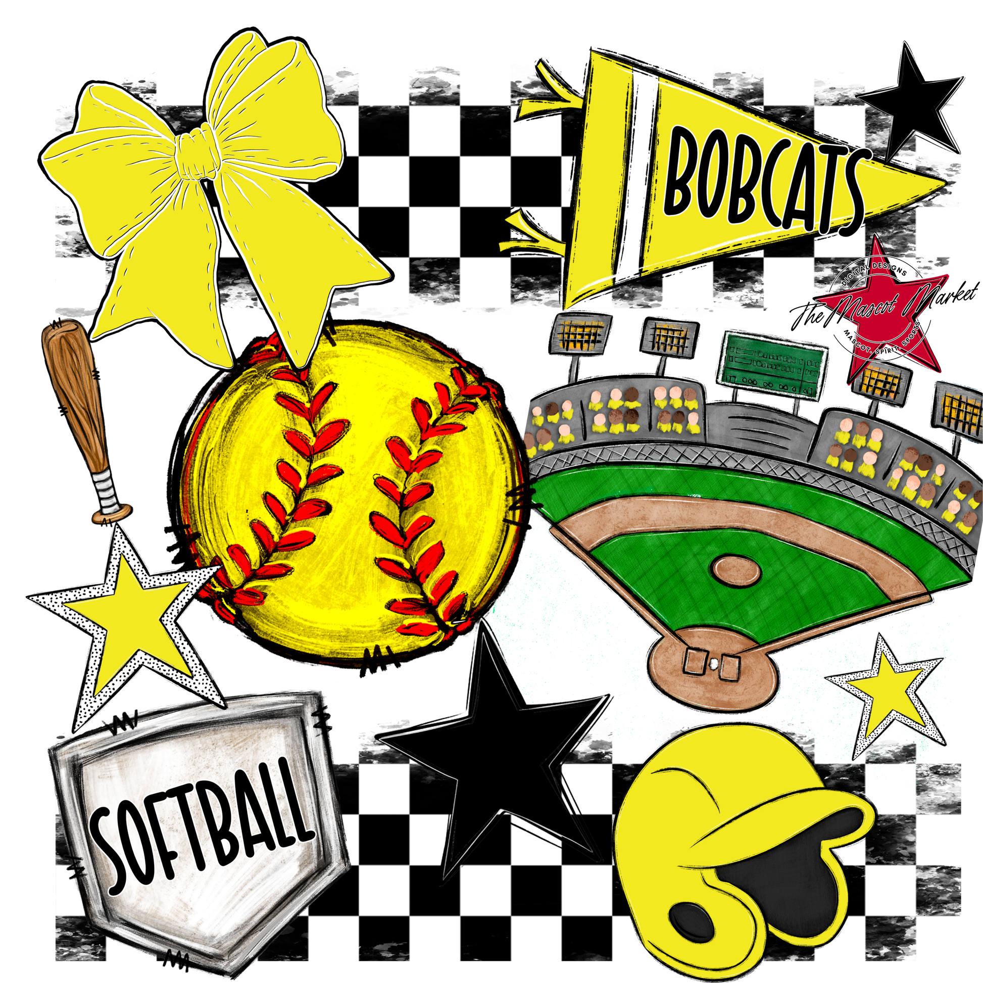 Bobcats Checkers Softball Spirit Design-Bright Yellow