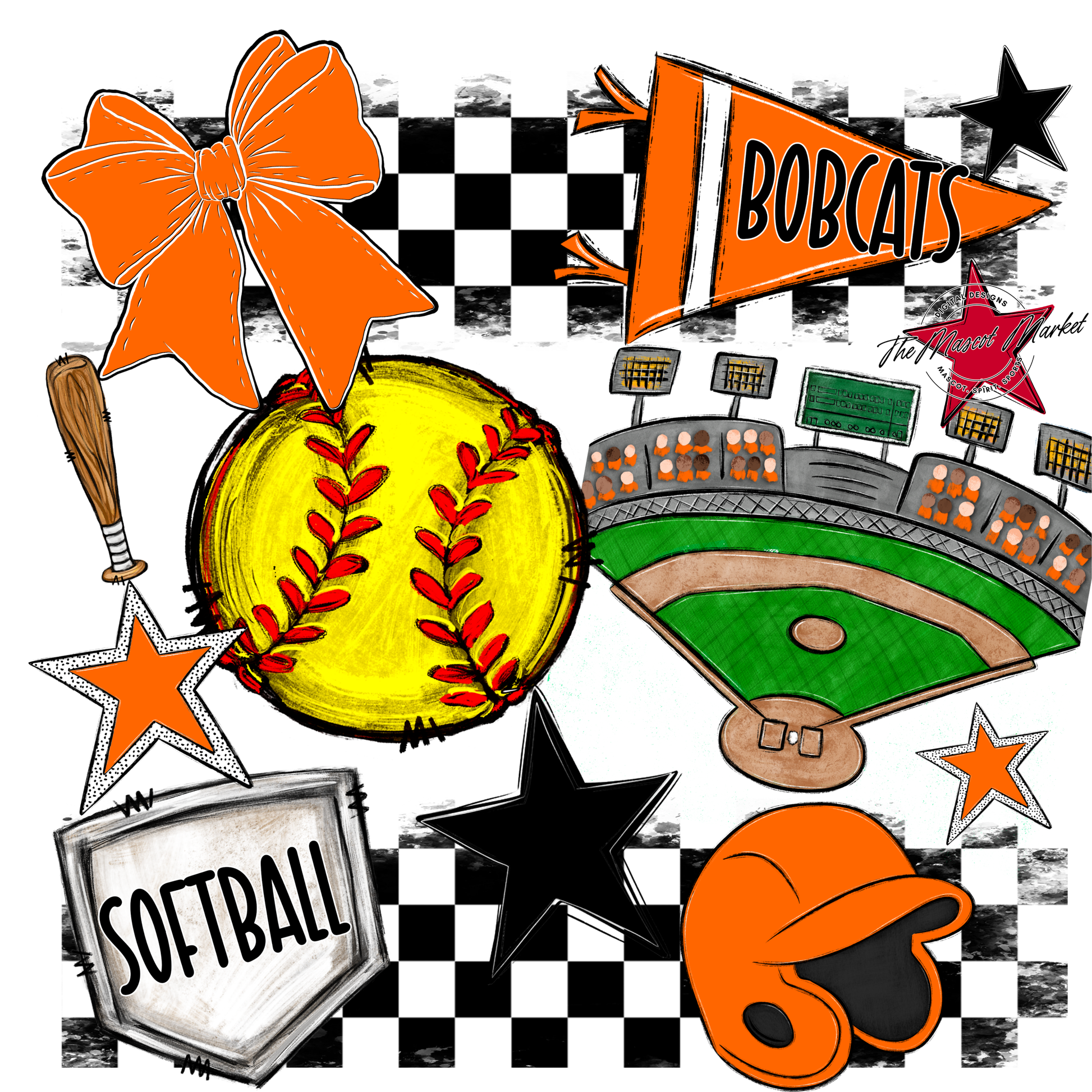 Bobcats Checkers Softball Spirit Design-Orange