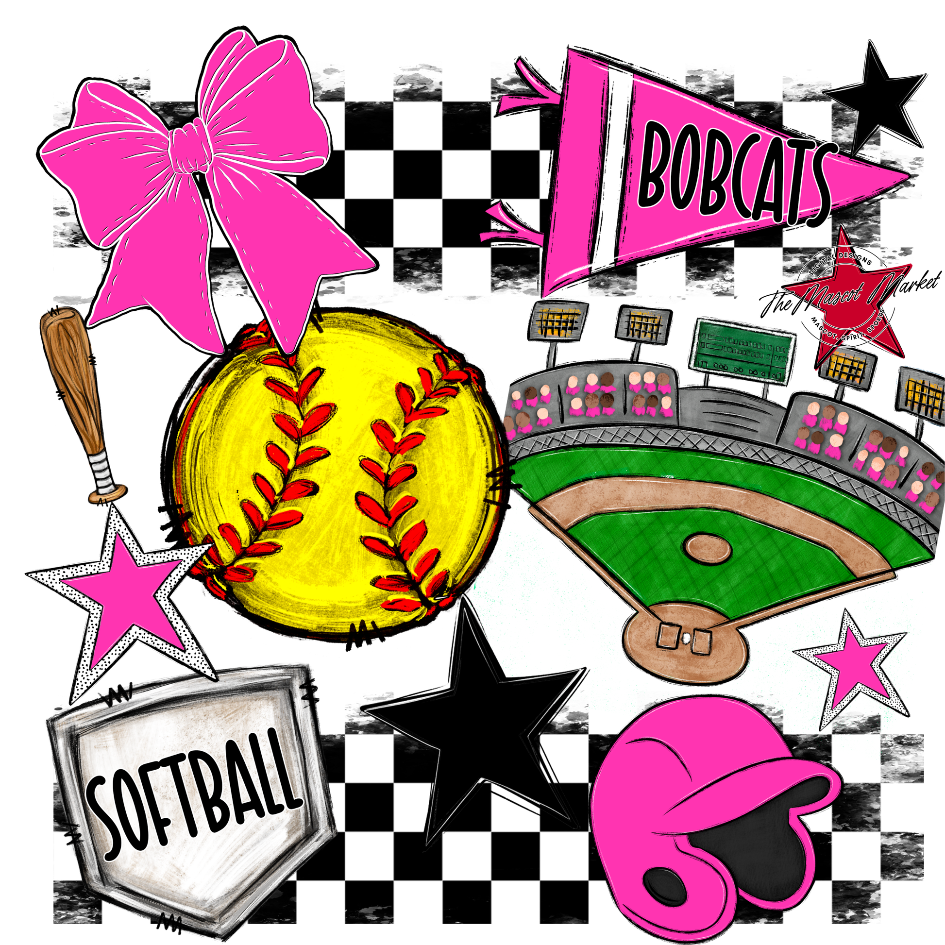 Bobcats Checkers Softball Spirit Design-Pink