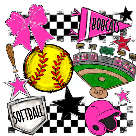 Bobcats Checkers Softball Spirit Design-Pink