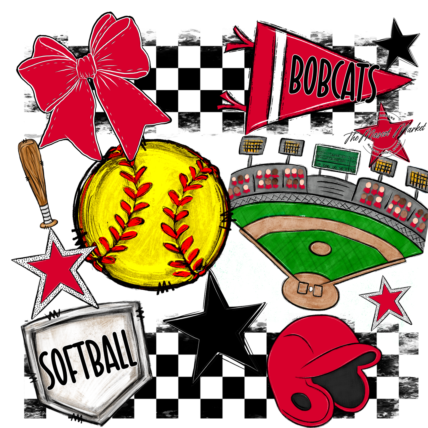 Bobcats Checkers Softball Spirit Design-Red