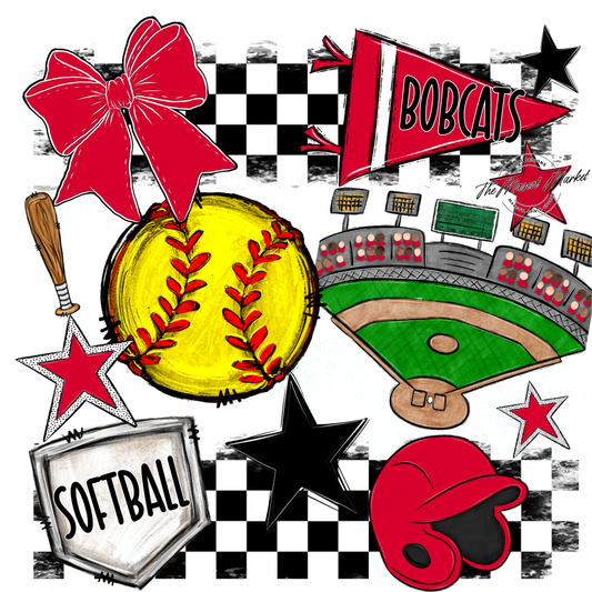 Bobcats Checkers Softball Spirit Design-Red