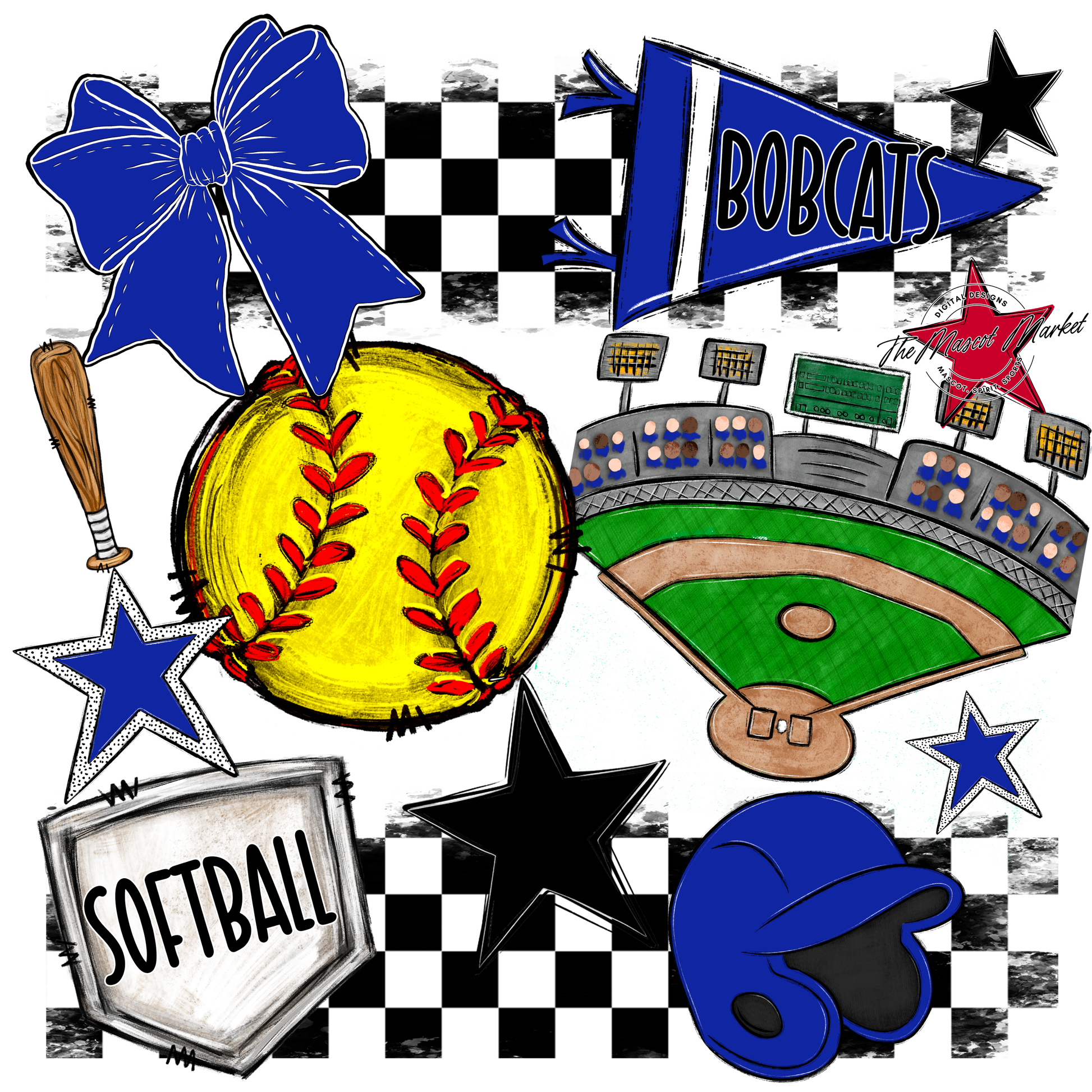 Bobcats Checkers Softball Spirit Design-Royal Blue