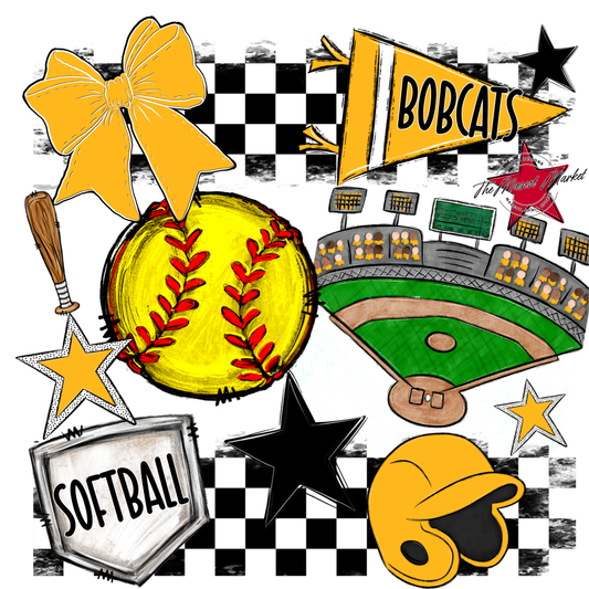 Bobcats Checkers Softball Spirit Design-Yellow