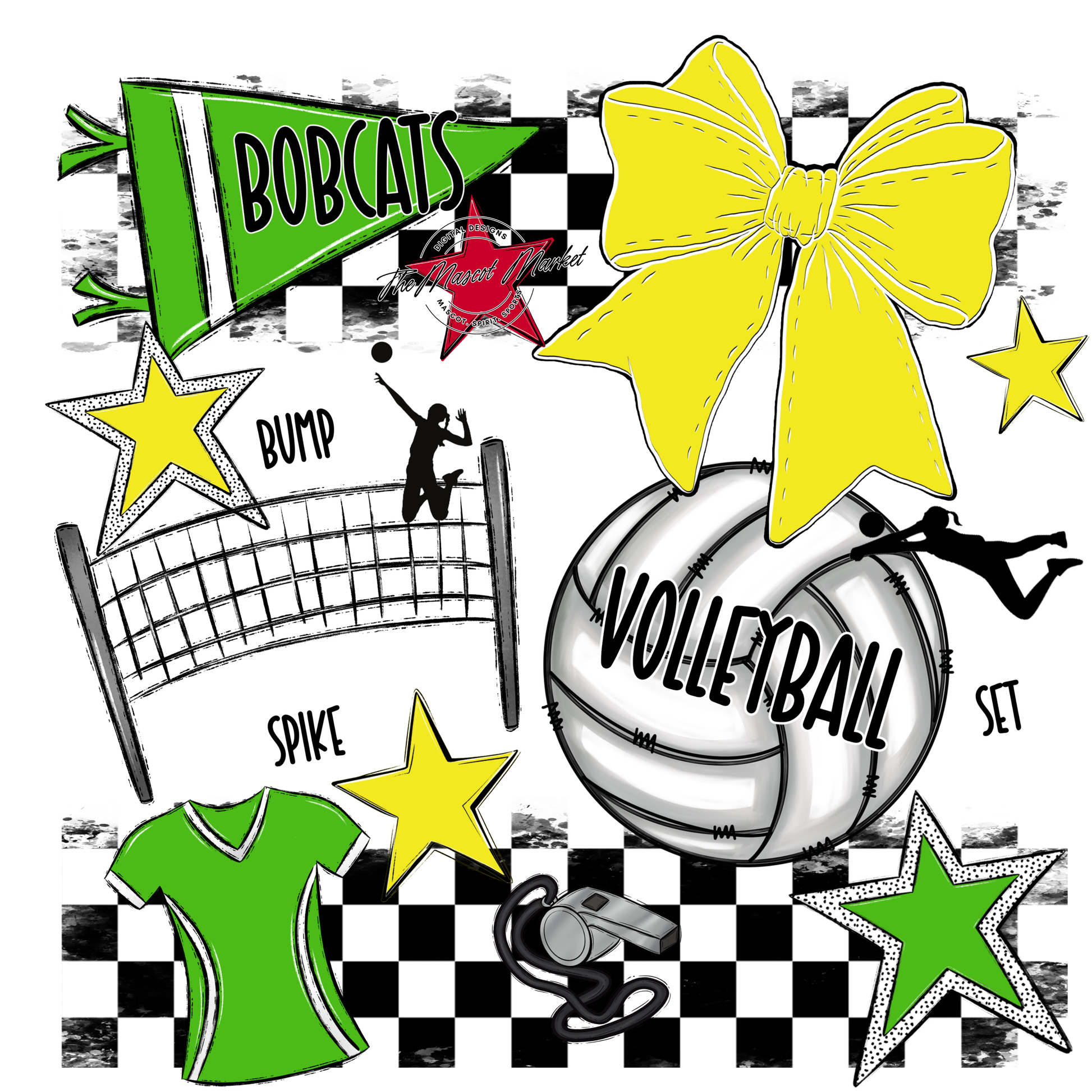 Bobcats Checkers Volleyball Spirit Design-Bright Green-Bright Yellow