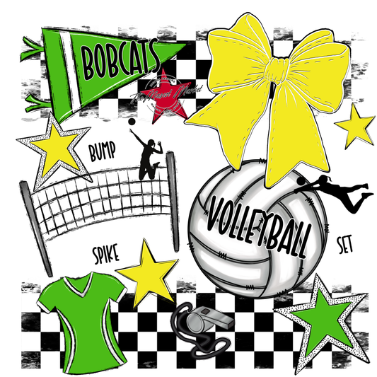 Bobcats Checkers Volleyball Spirit Design-Bright Green-Bright Yellow
