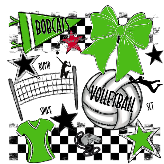 Bobcats Checkers Volleyball Spirit Design-Bright Green