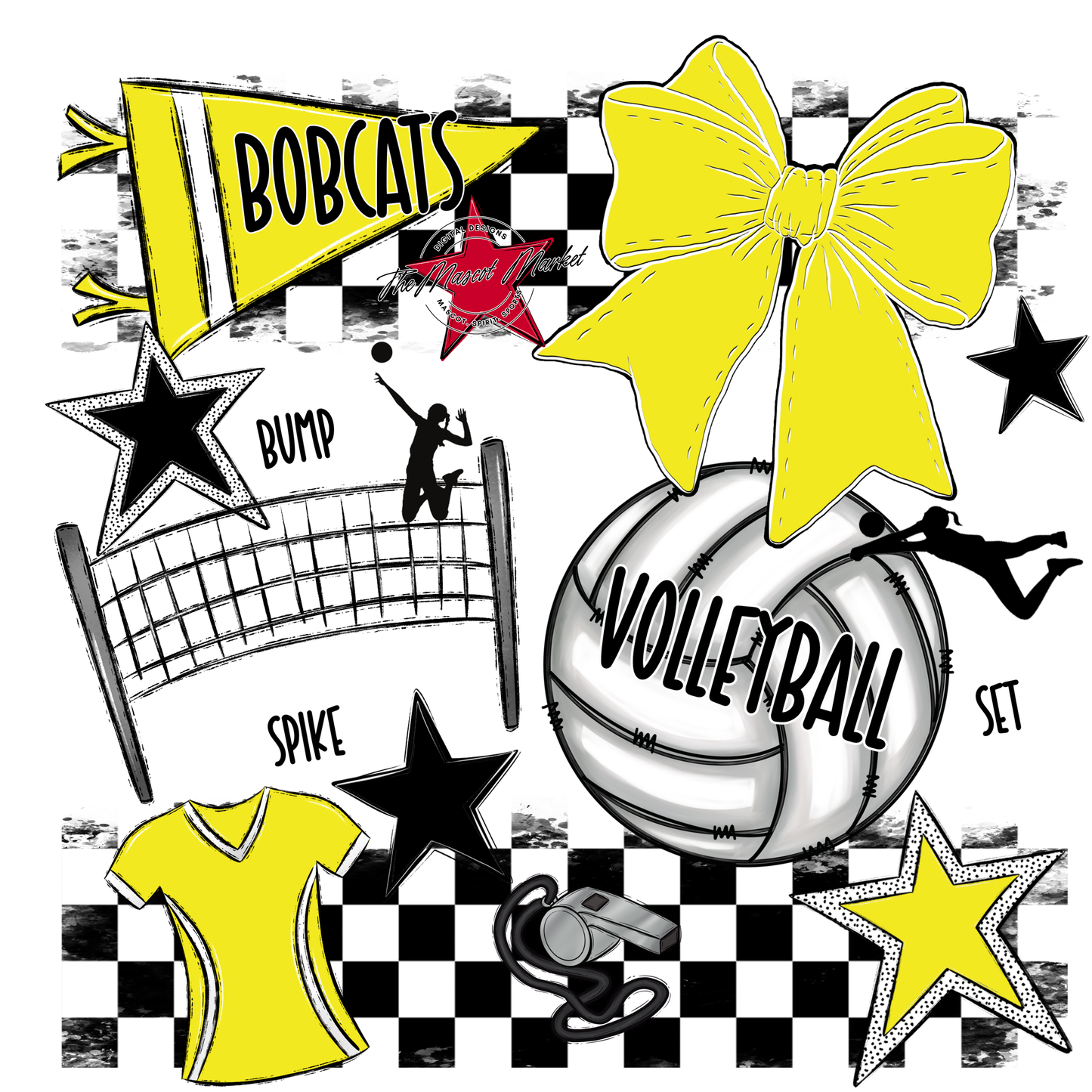 Bobcats Checkers Volleyball Spirit Design-Bright Yellow