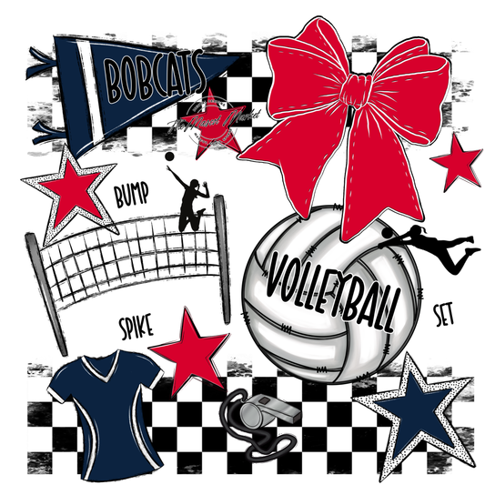Bobcats Checkers Volleyball Spirit Design-Navy-Red