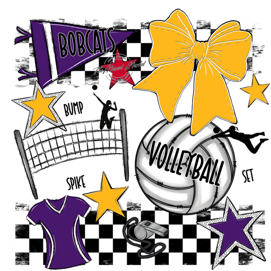 Bobcats Checkers Volleyball Spirit Design-Purple-Yellow