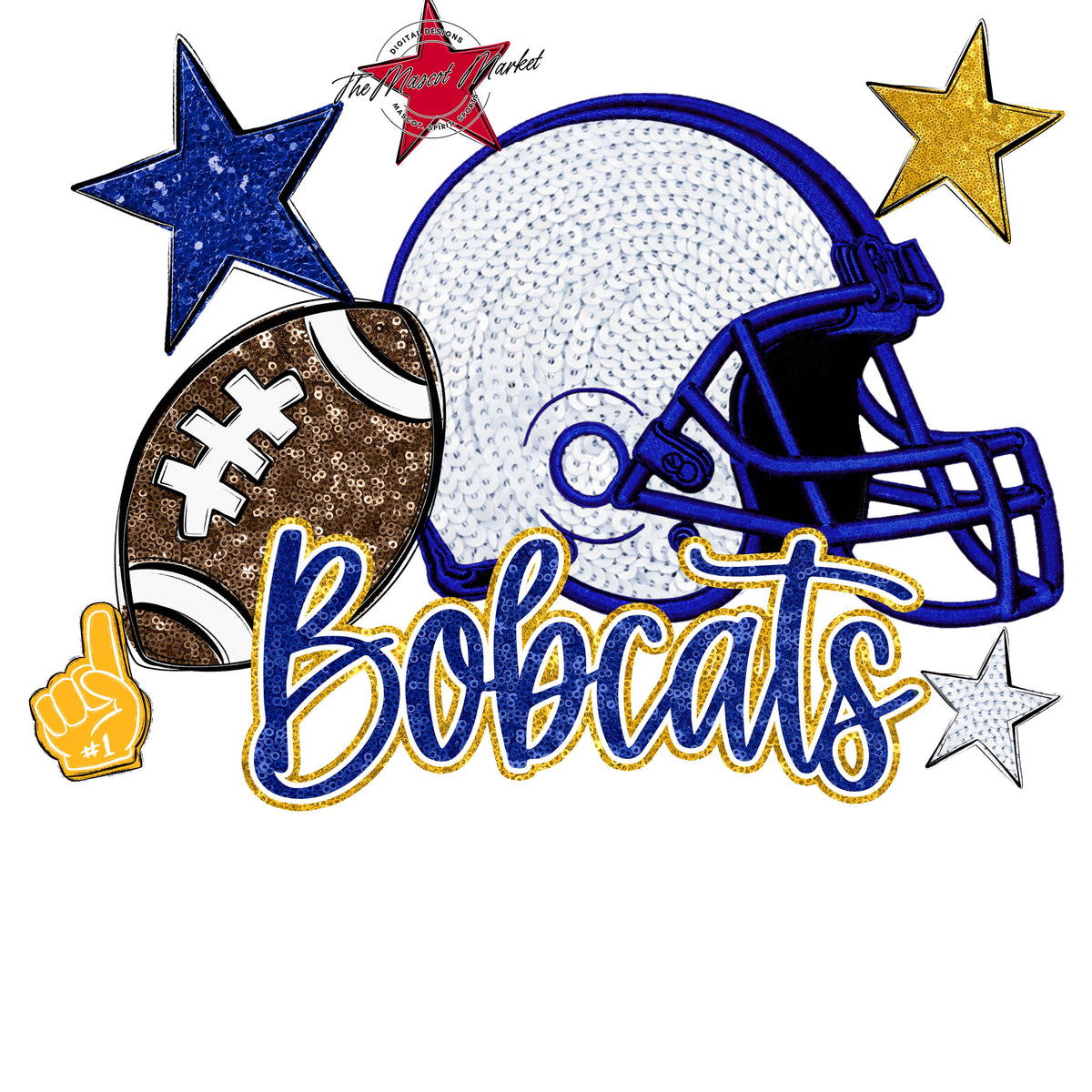 Bobcats Football Embroidered Sequins Design-Blue & Yellow