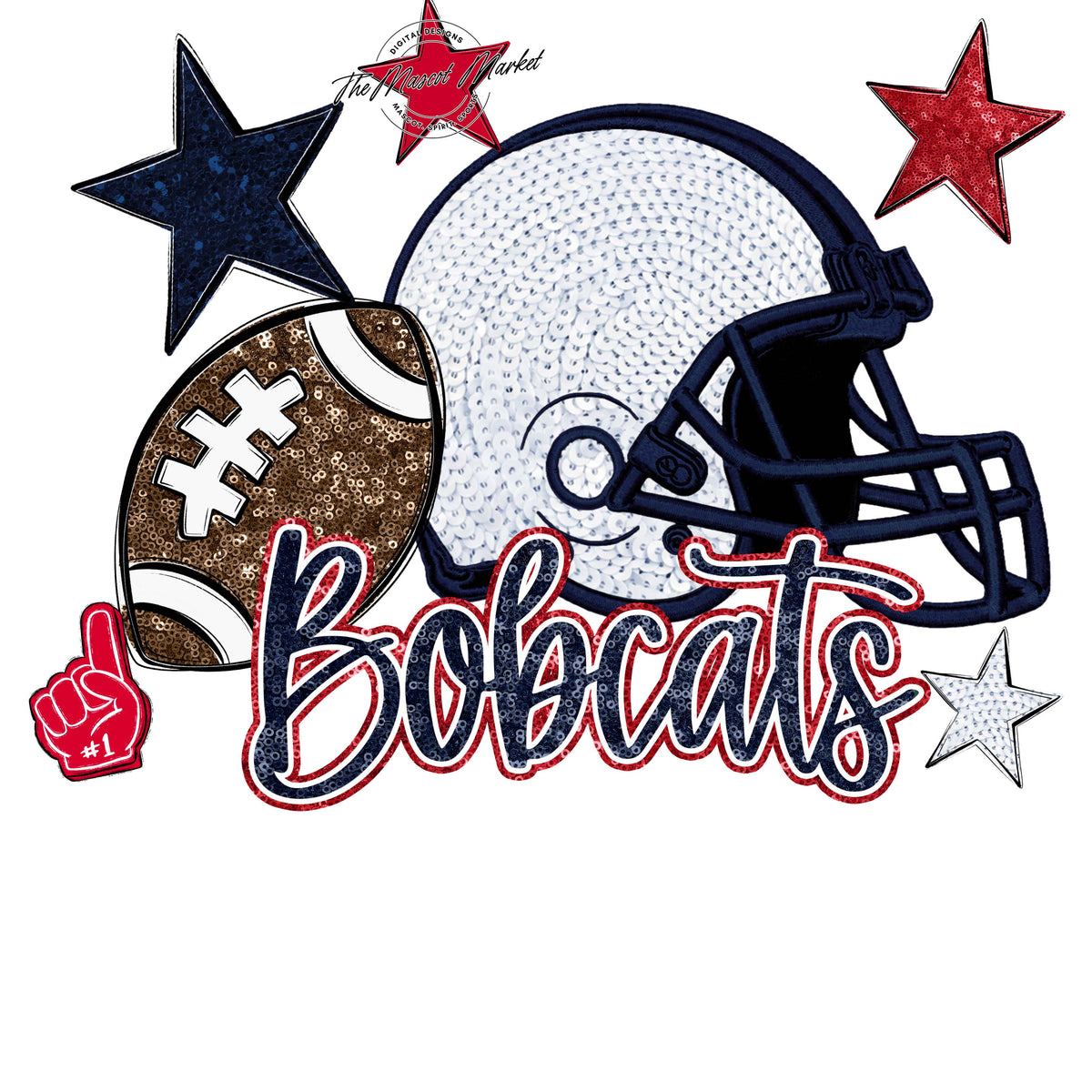 Bobcats Football Embroidered Sequins Design-Navy & Red