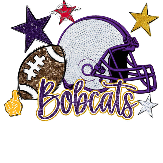 Bobcats Football Embroidered Sequins Design-Purple & Yellow