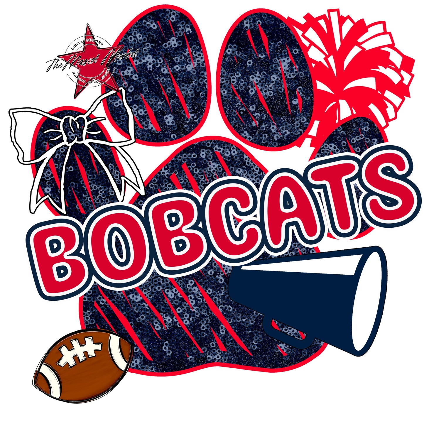 Bobcats Sequins Paw Print Design-Navy & Red