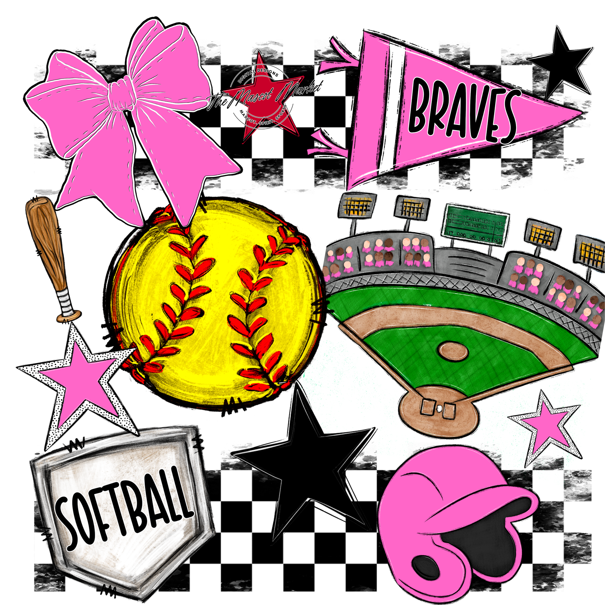 Braves Checkers Softball Spirit Design-Baby Pink