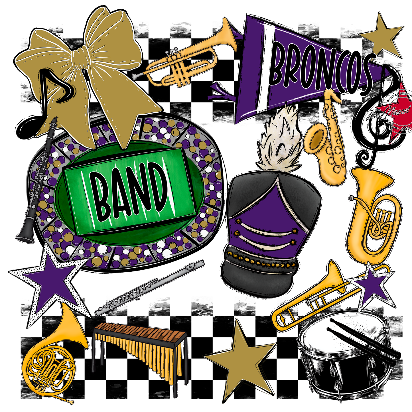 Broncos Checkers Band Spirit Design-Purple-Gold