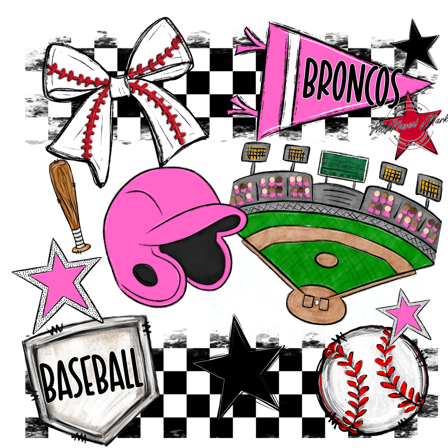 Broncos Checkers Baseball Spirit Design-Baby Pink