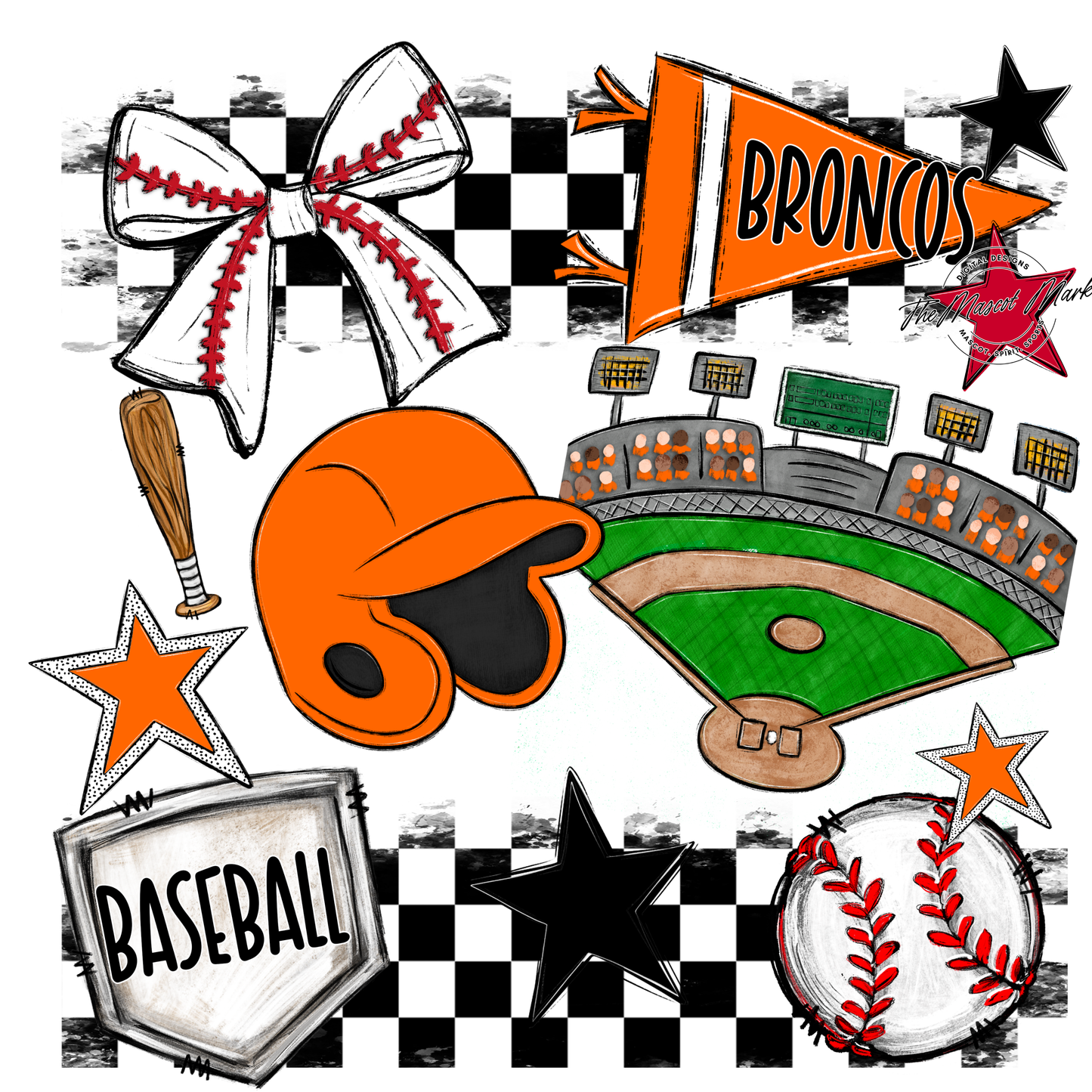 Broncos Checkers Baseball Spirit Design-Orange