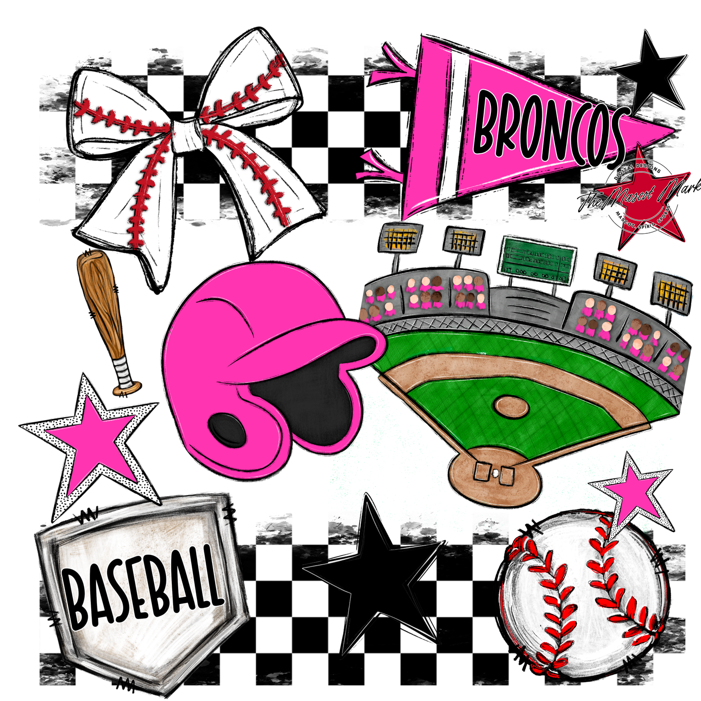 Broncos Checkers Baseball Spirit Design-Pink