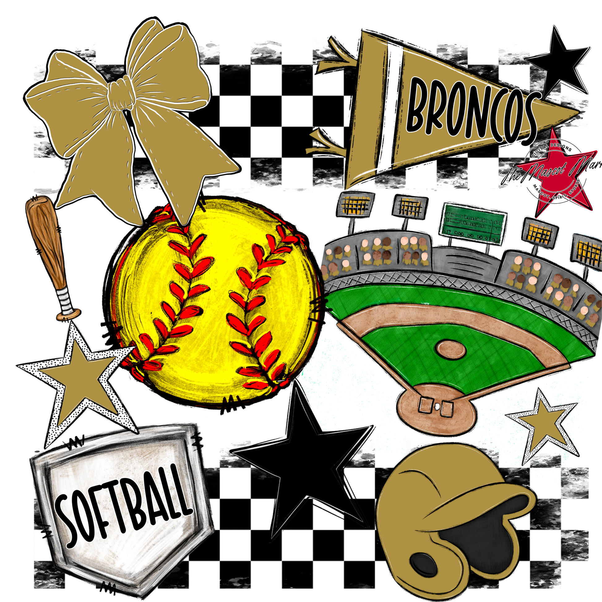Broncos Checkers Softball Spirit Design-Gold