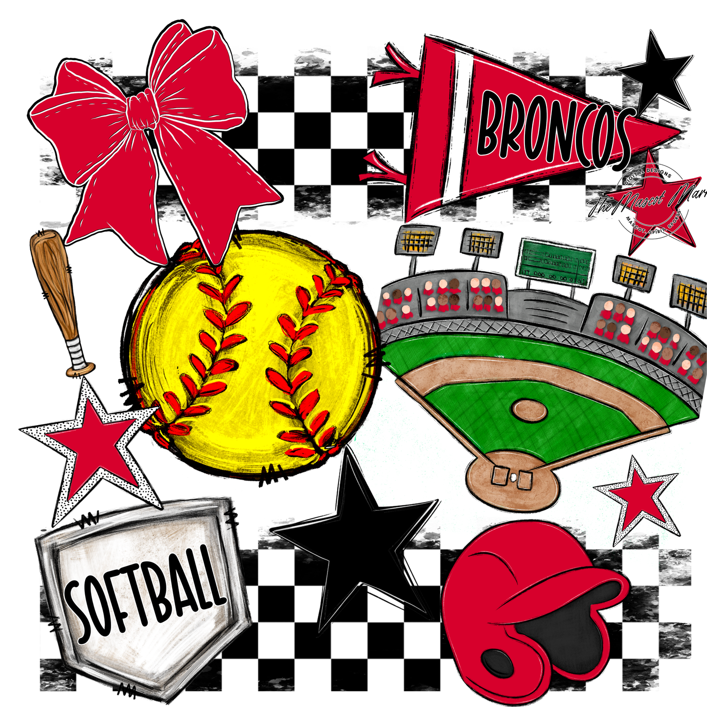 Broncos Checkers Softball Spirit Design-Red