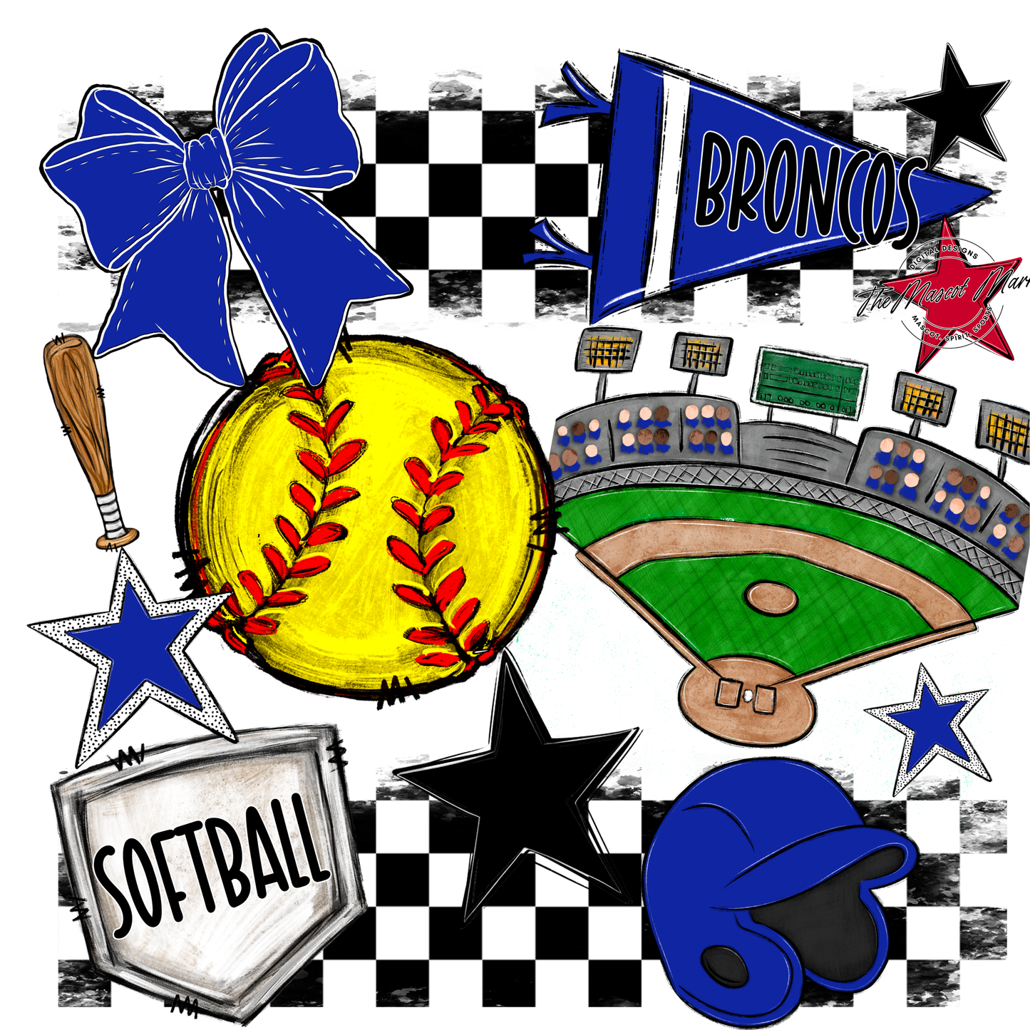 Broncos Checkers Softball Spirit Design-Royal Blue