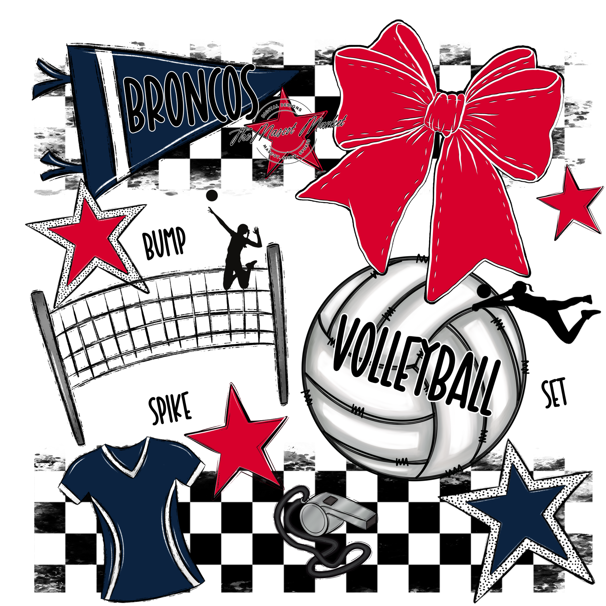Broncos Checkers Volleyball Spirit Design-Navy-Red