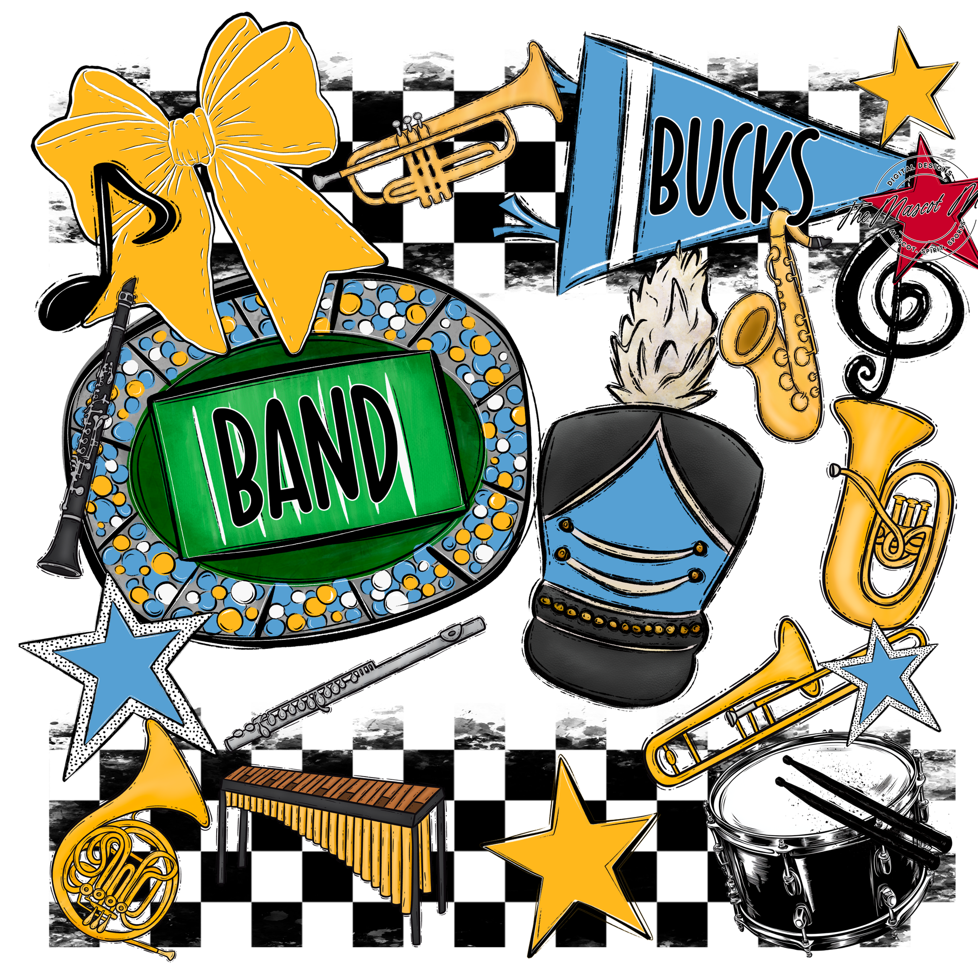 Bucks Checkers Band Spirit Design-Carolina Blue-Yellow