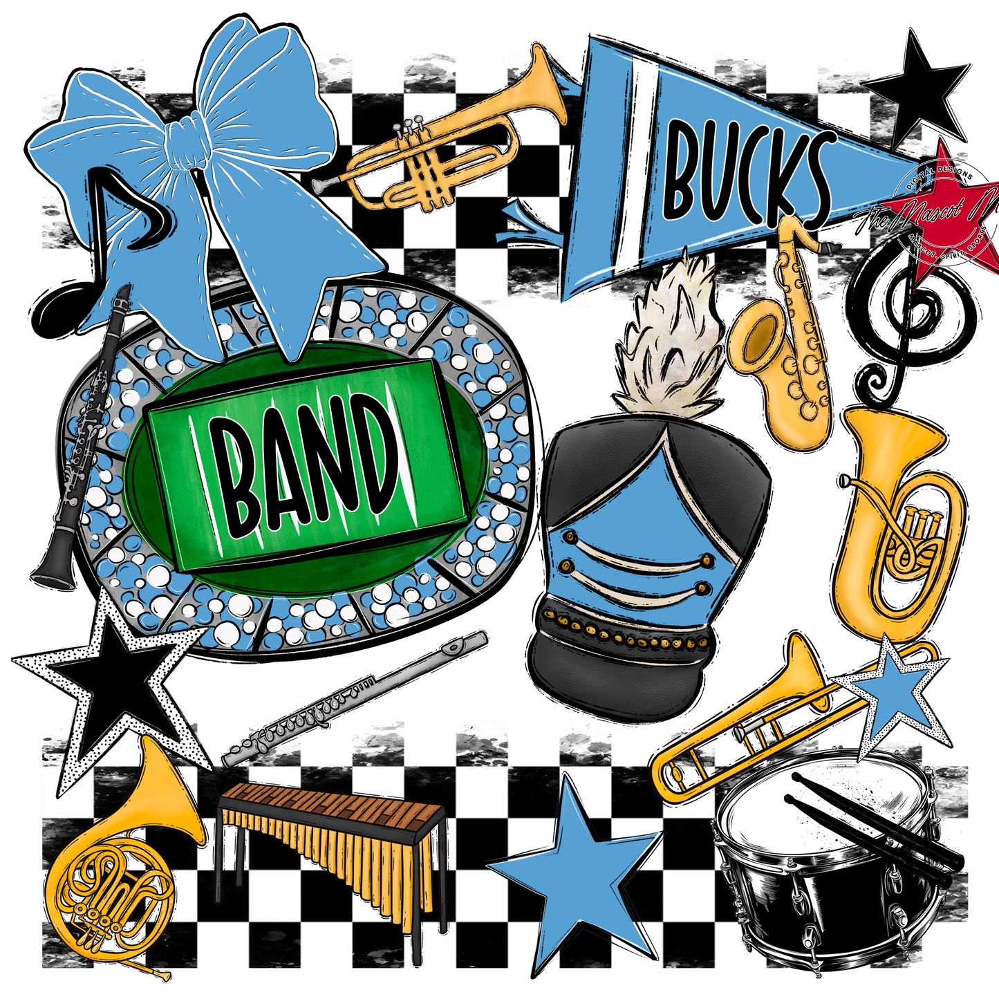 Bucks Checkers Band Spirit Design-Carolina Blue