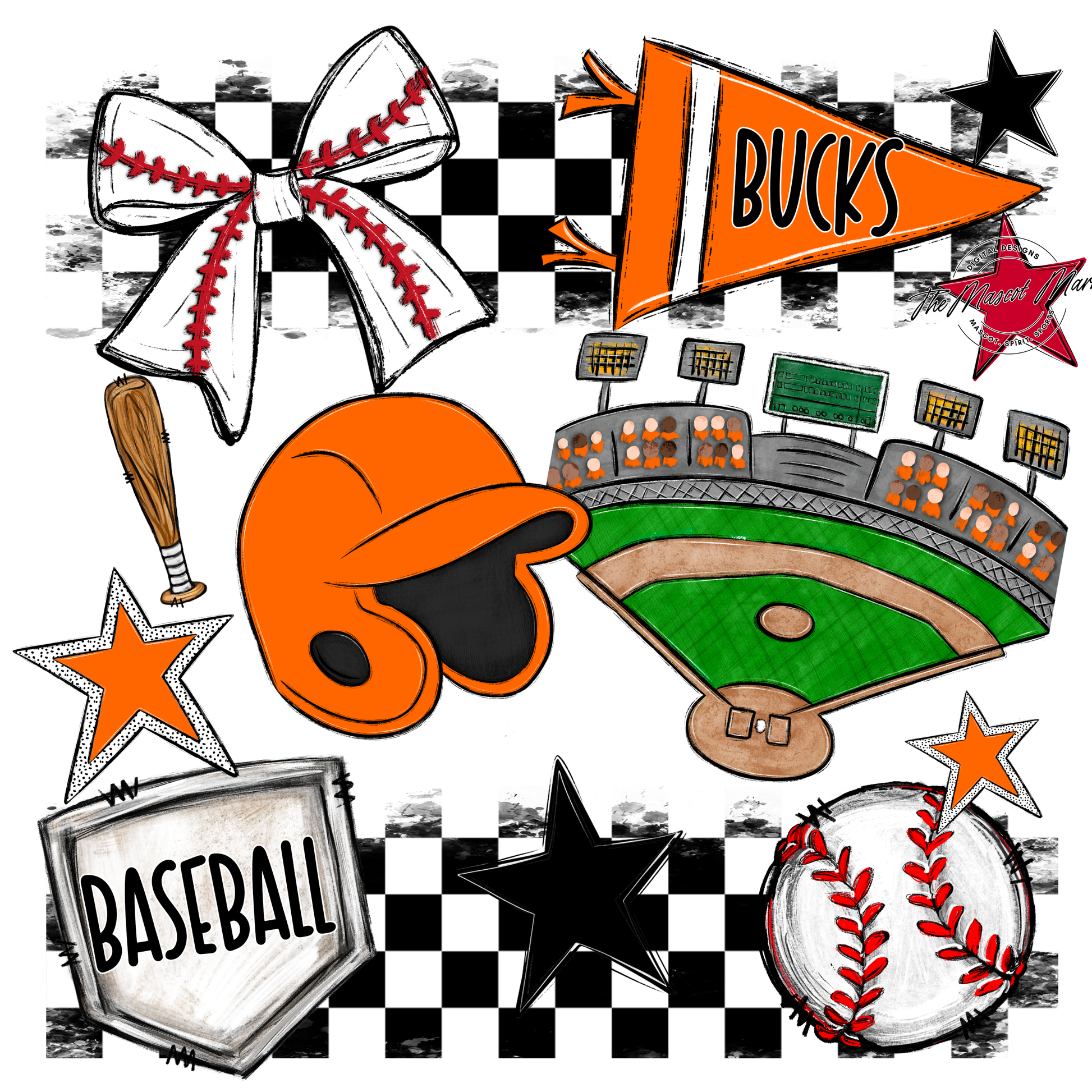 Bucks Checkers Baseball Spirit Design-Orange
