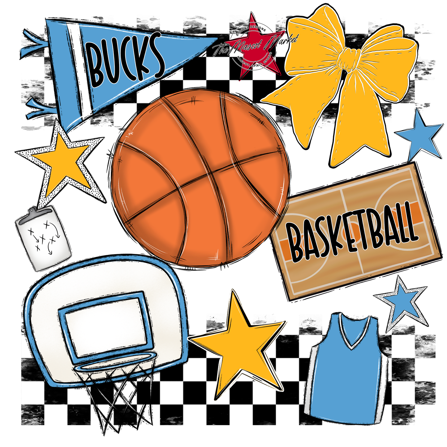 Bucks Checkers Basketball Spirit Design-Carolina Blue-Yellow