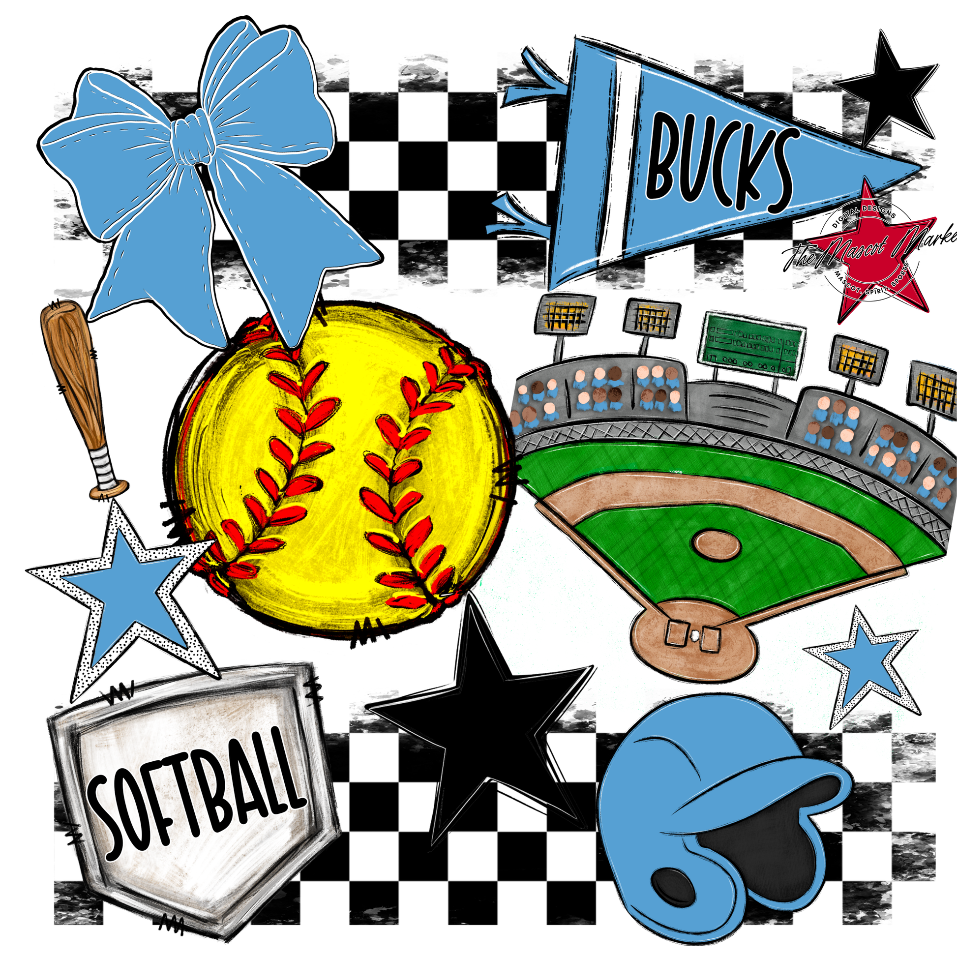 Bucks Checkers Softball Spirit Design-Carolina Blue