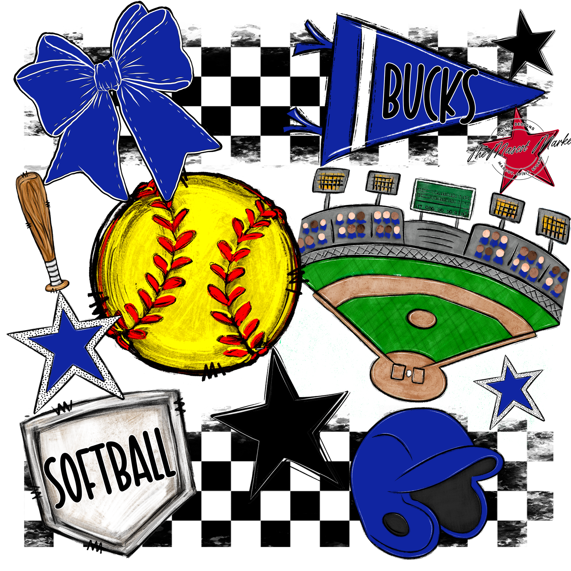 Bucks Checkers Softball Spirit Design-Royal Blue