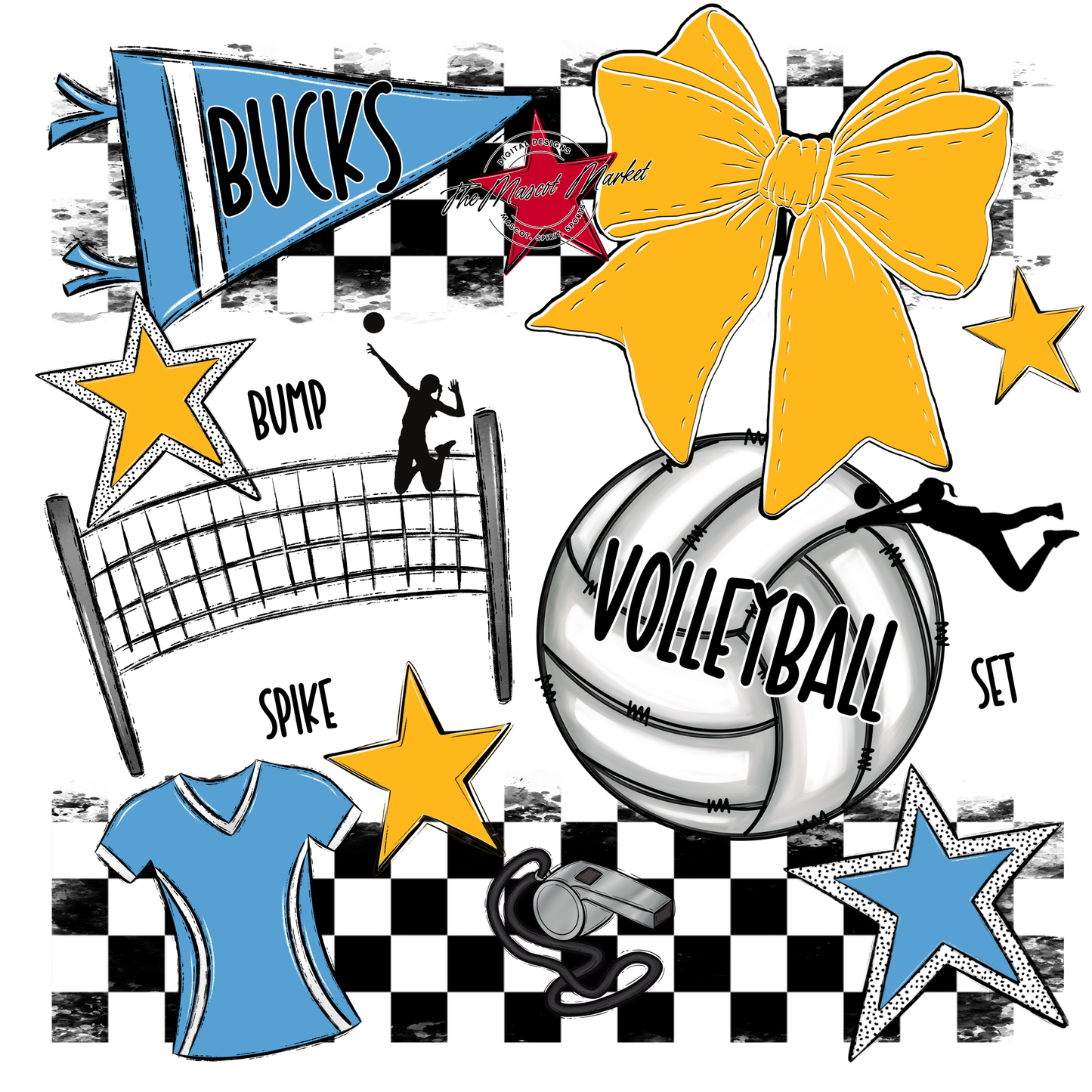 Bucks Checkers Volleyball Spirit Design-Carolina Blue-Yellow
