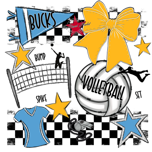 Bucks Checkers Volleyball Spirit Design-Carolina Blue-Yellow
