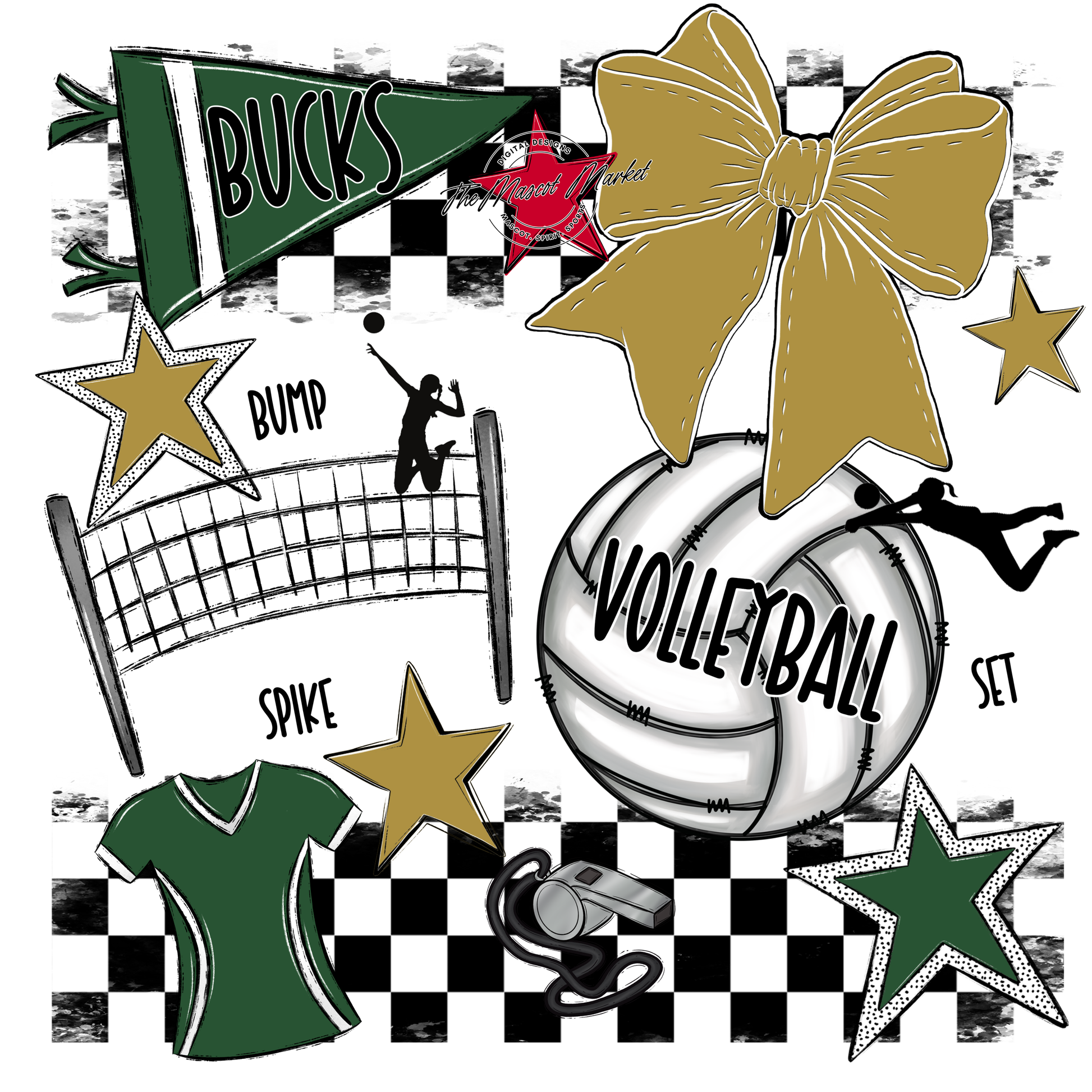 Bucks Checkers Volleyball Spirit Design-Green-Gold