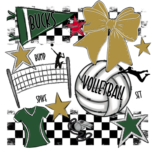 Bucks Checkers Volleyball Spirit Design-Green-Gold