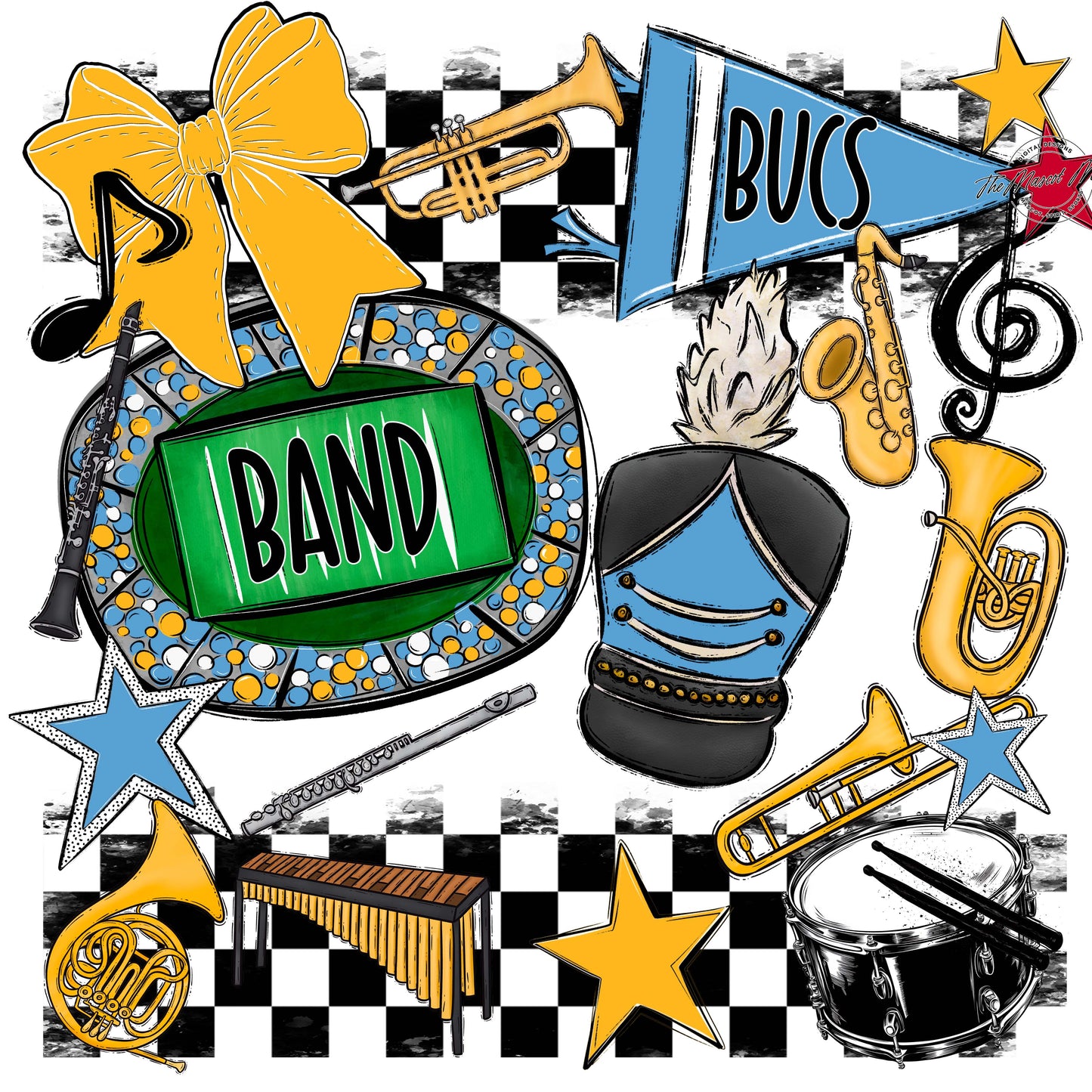 Bucs Band Checkers Design-Carolina Blue & Yellow