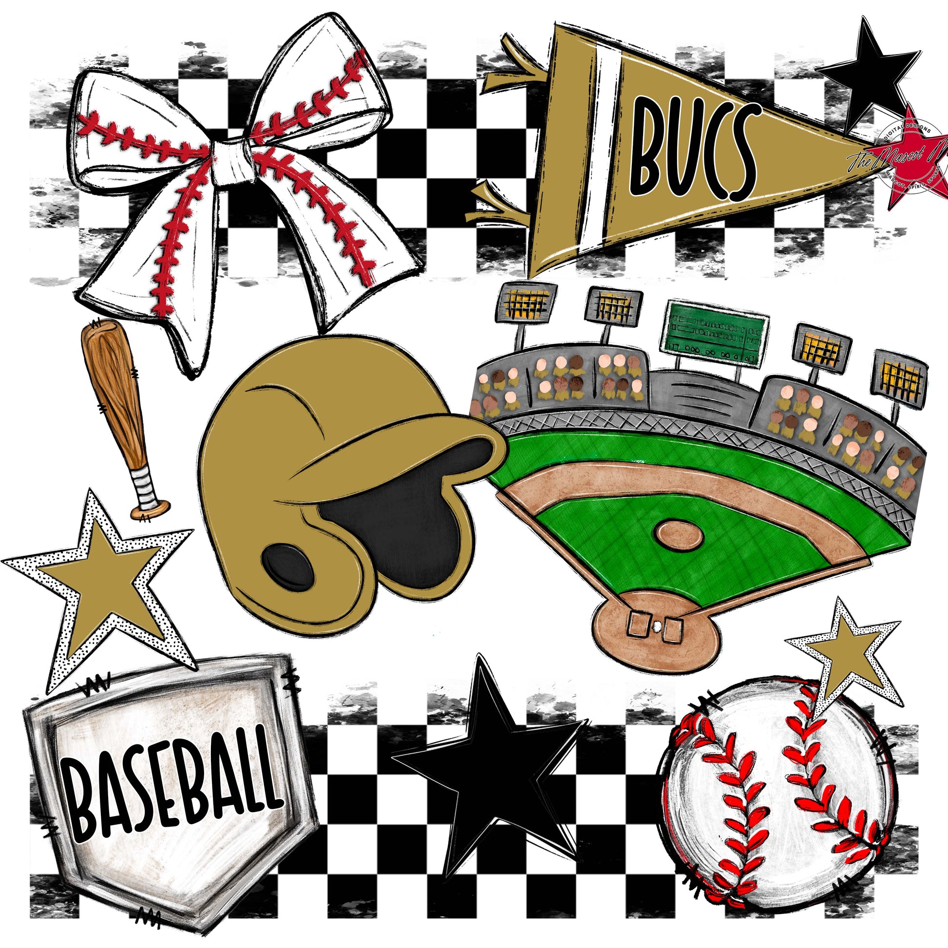 Bucs Baseball Checkers Design-Gold