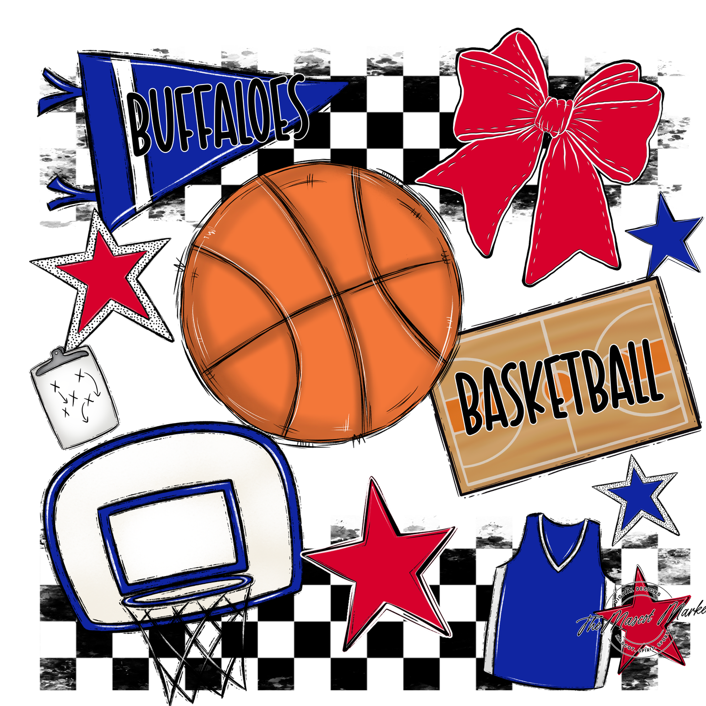 Buffaloes Checkers Basketball Spirit Design-Royal Blue-Red