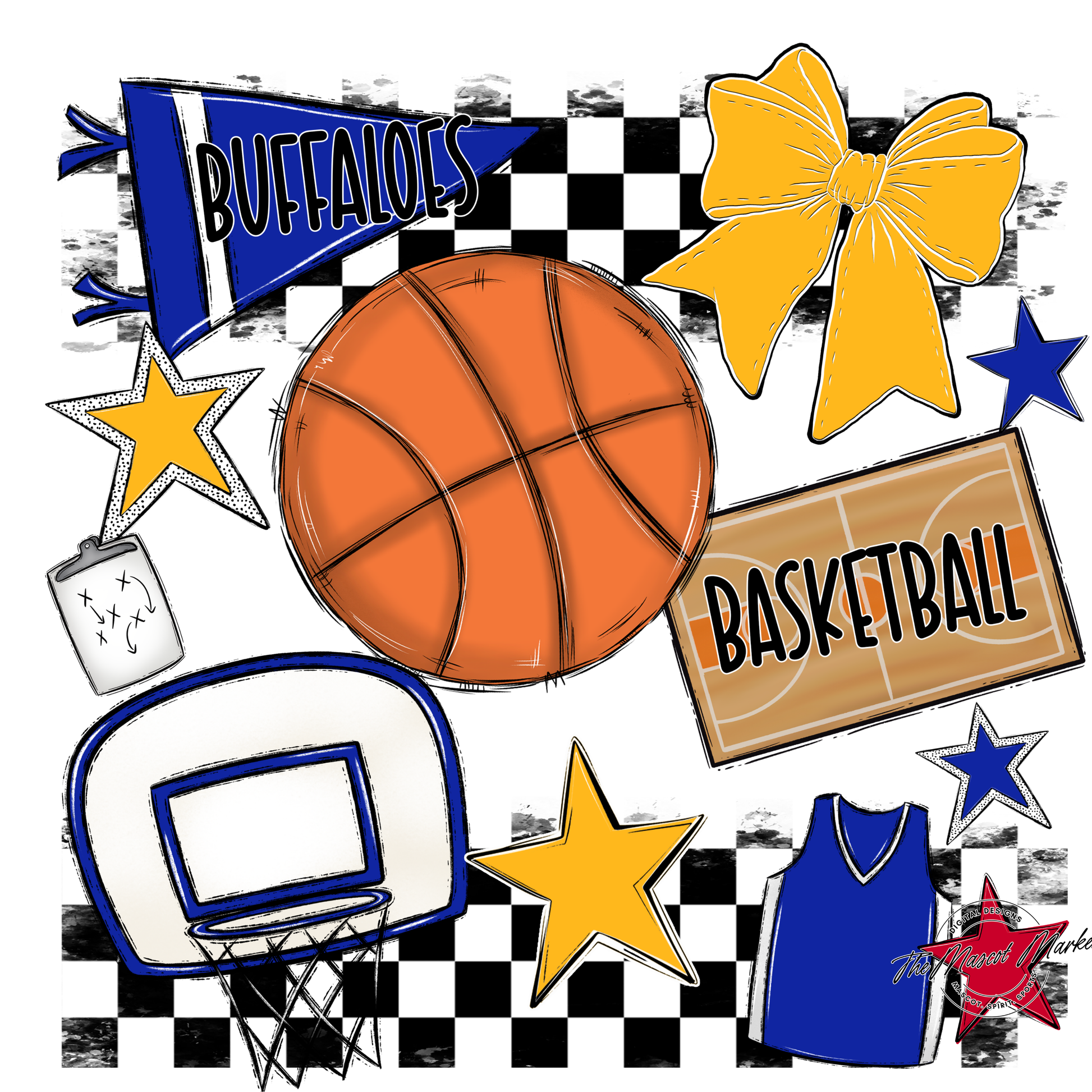 Buffaloes Checkers Basketball Spirit Design-Royal Blue-Yellow