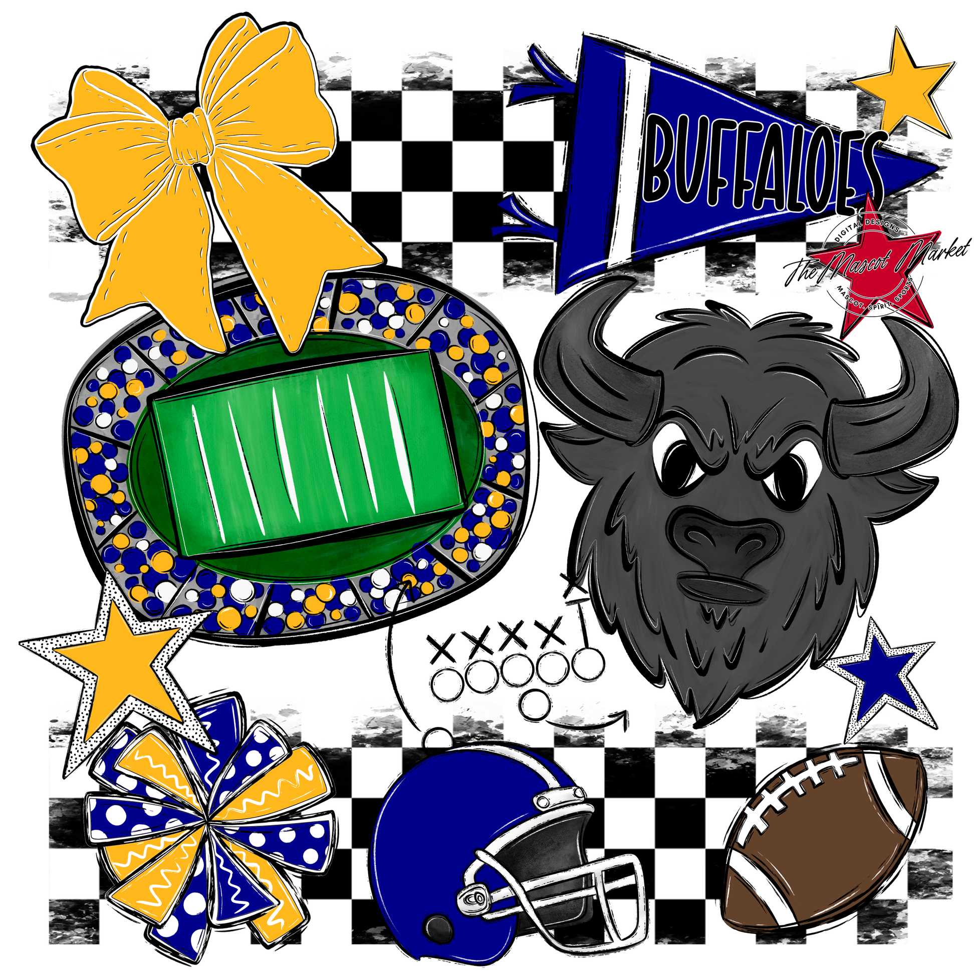 Buffaloes Checkers Mascot Spirit Design-Blue-Yellow