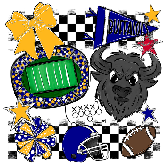 Buffaloes Checkers Mascot Spirit Design-Blue-Yellow