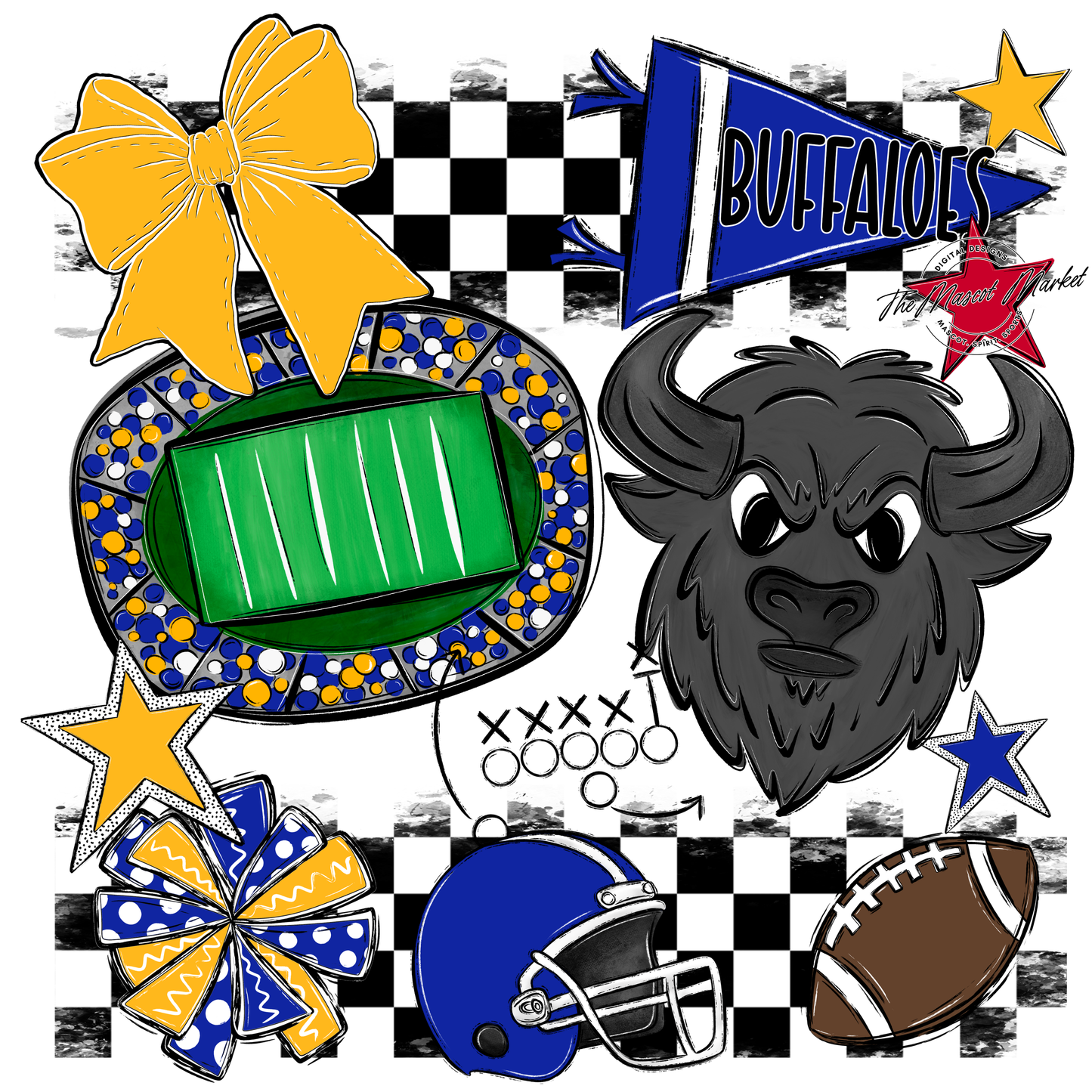 Buffaloes Checkers Mascot Spirit Design-Royal Blue-Yellow