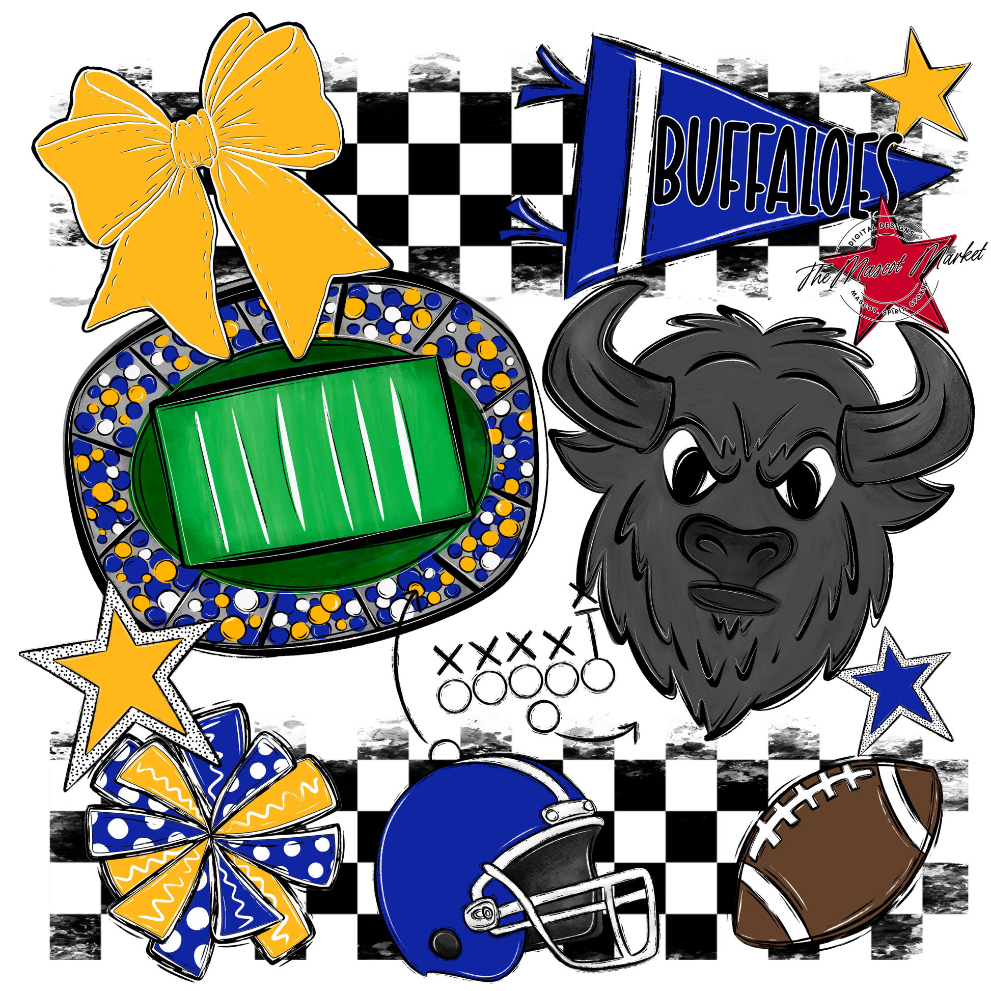 Buffaloes Checkers Mascot Spirit Design-Royal Blue-Yellow