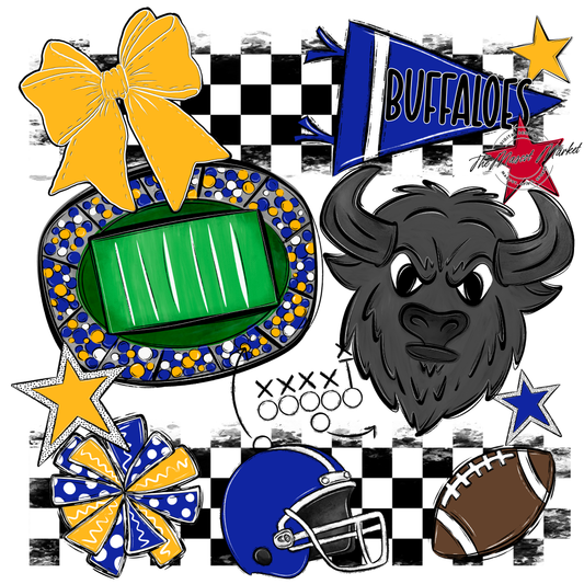 Buffaloes Checkers Mascot Spirit Design-Royal Blue-Yellow