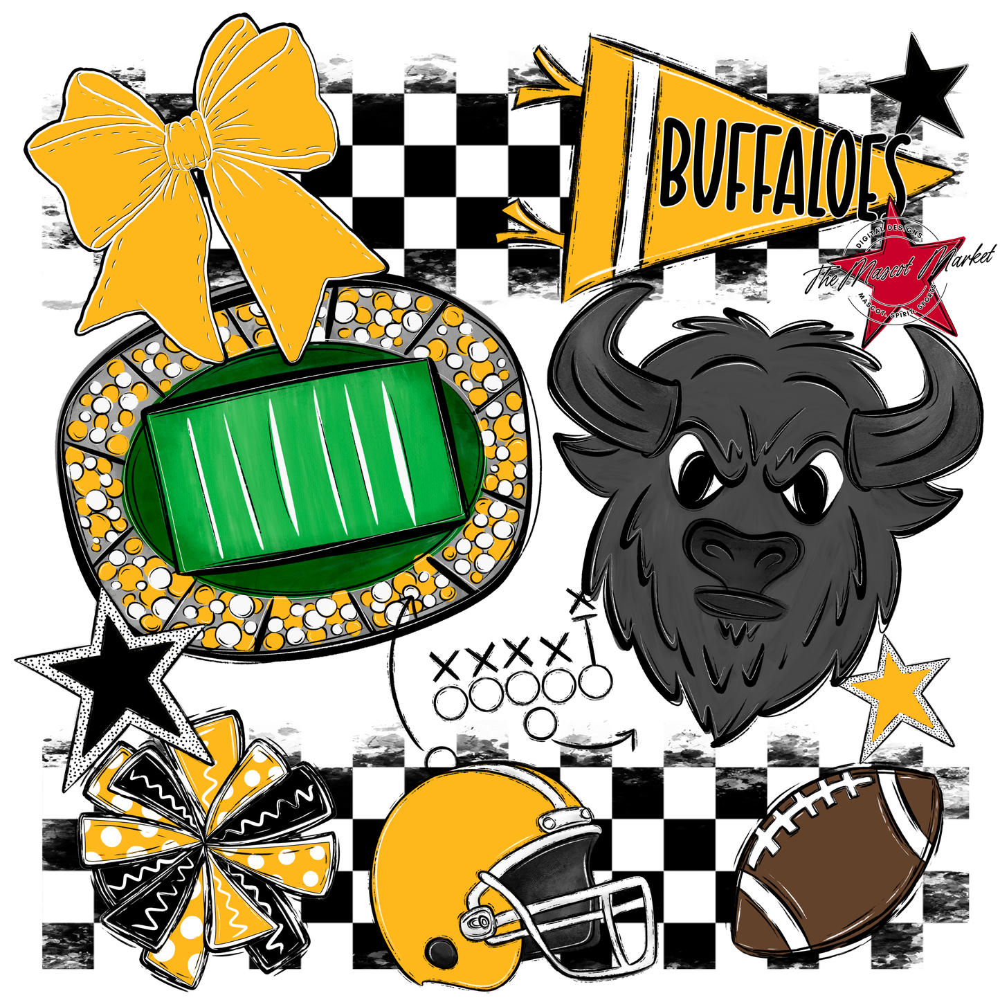 Buffaloes Checkers Mascot Spirit Design-Yellow