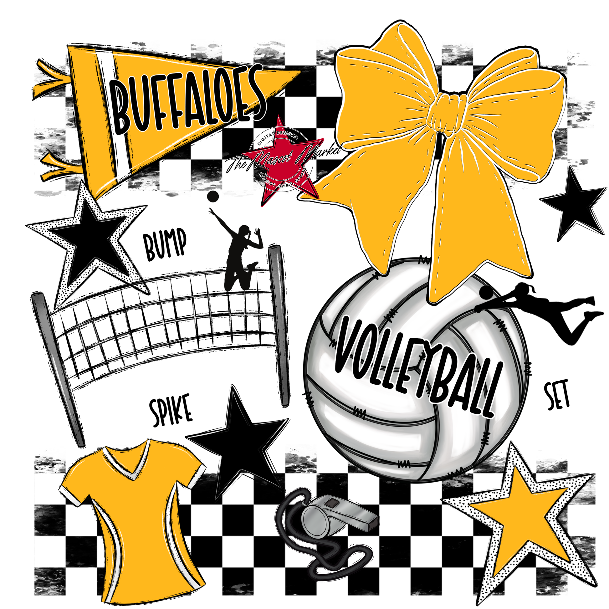 Buffaloes Checkers Volleyball Spirit Design-Yellow